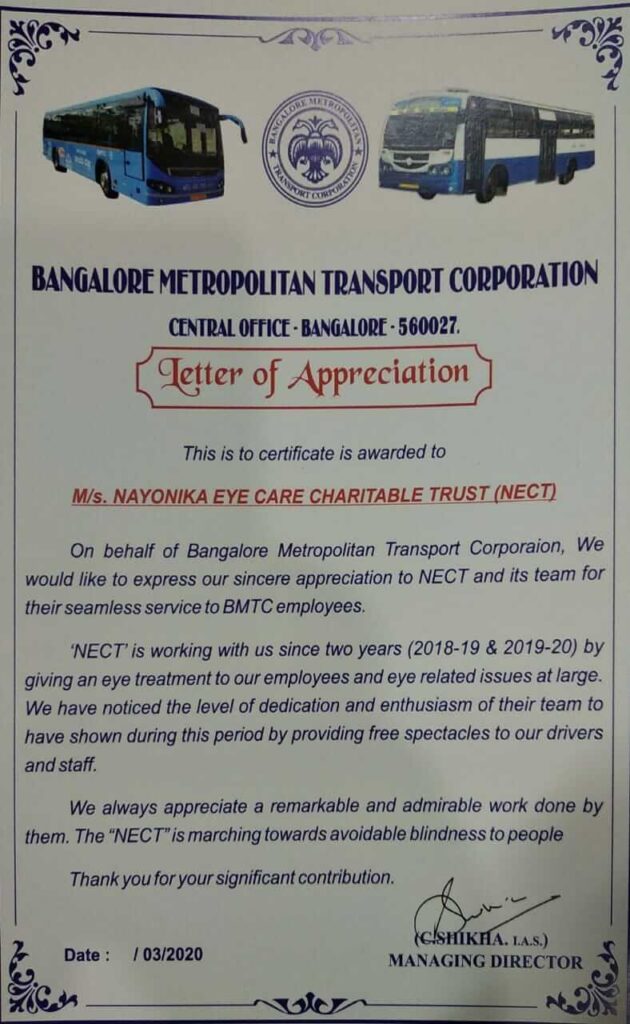 Appreciation from Bangalore Metropolitan Transport Association (BMTC) by MD IAS Shikha
